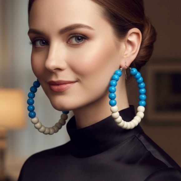 Handmade Jewelry - Large hoop earrings, large wooden bead earrings, earrings with blue and white3.0